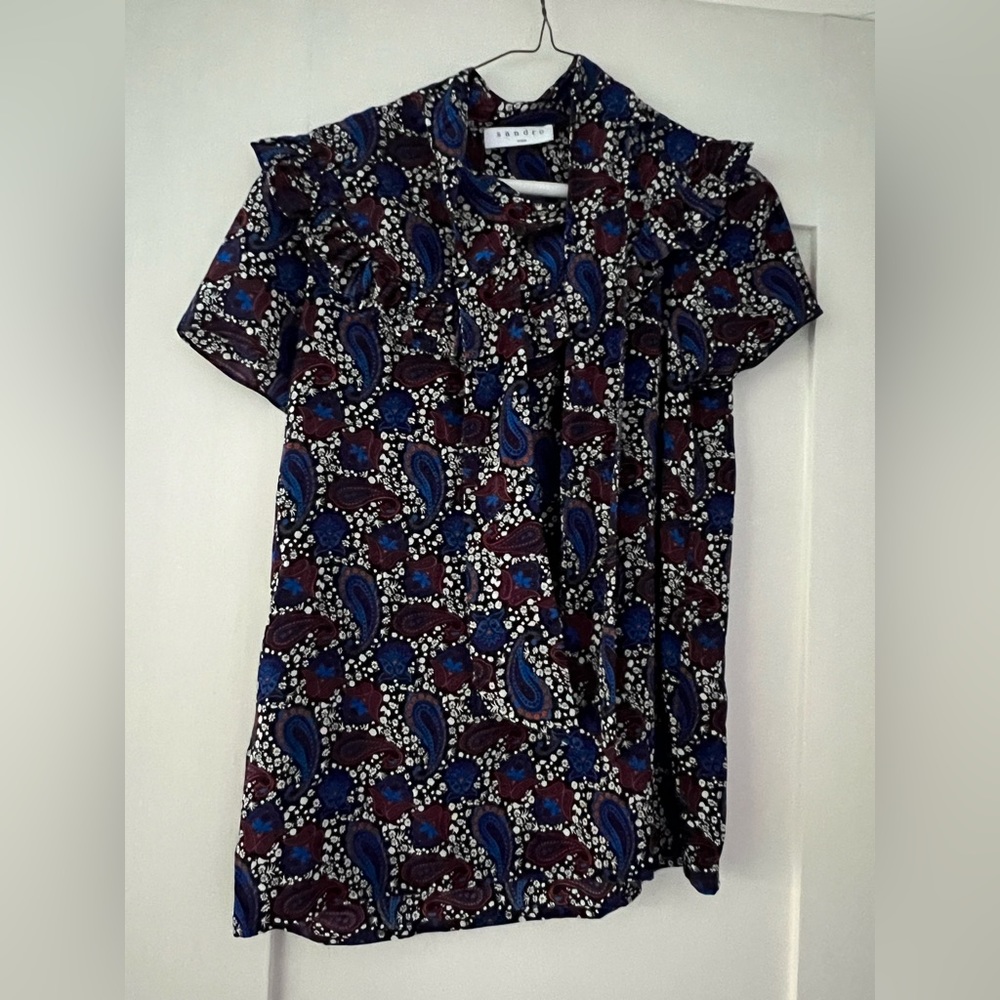Sandro paisley blouse, high neck with ruffles